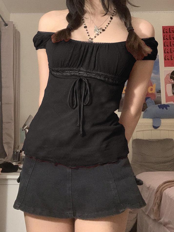 Vintage Tie Front Lace Trim Blouse - AnotherChill