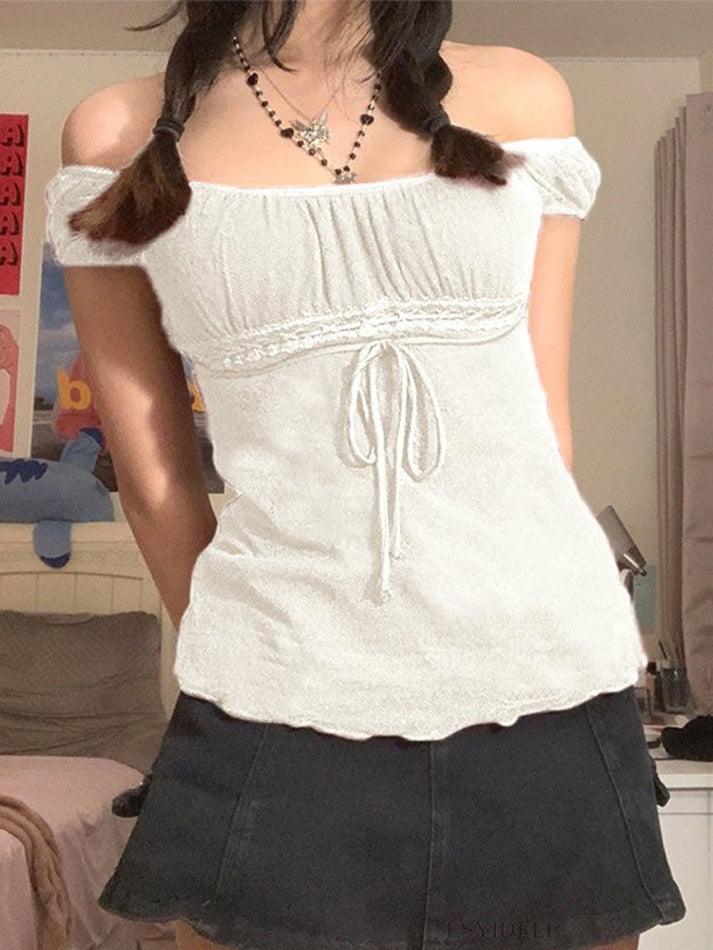 Vintage Tie Front Lace Trim Blouse - AnotherChill