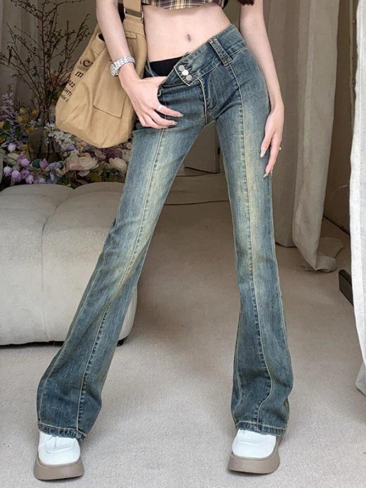 2024 Vintage Wash Y2K Flare Jeans Blue S in Jeans Online Store ...