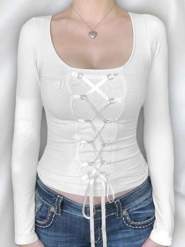White U Neck Cross Lace Up Slim Long Sleeve Tee - AnotherChill