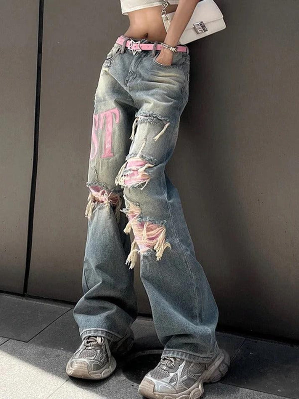Y2K Pink Ripped Embroidery Boyfriend Jeans - AnotherChill
