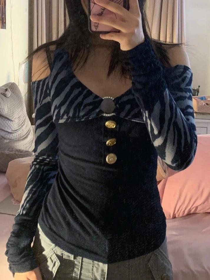 Zebra Print Splice Cold Shoulder Cutout Long Sleeve Tee – AnotherChill